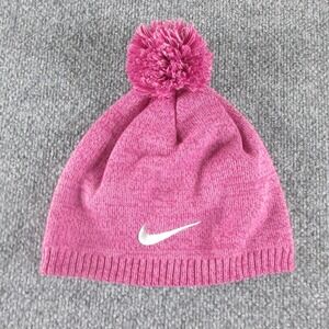 Nike Hat Beanie Womens One Size Pink Knit Fleece Lined Pom Pom‎ Winter Bobble